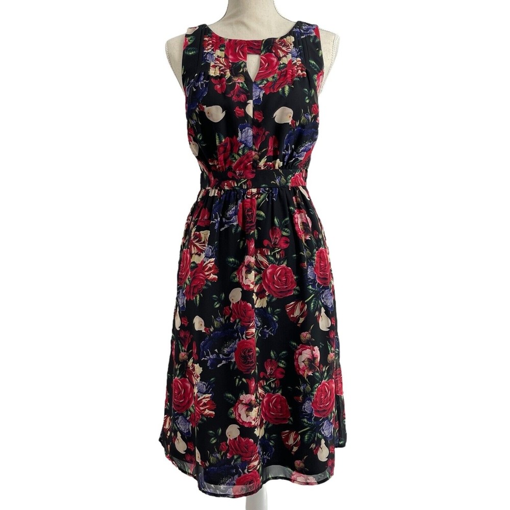 Modcloth Womens Flaunts And Needs Rose Floral Print Chiffon Sleeveless Dress S